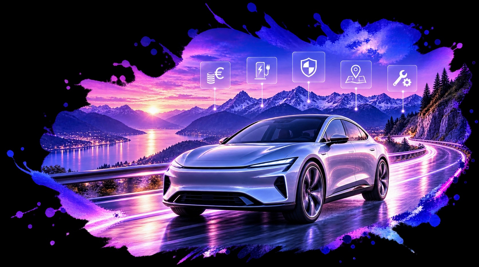 Illustration: Elektro-Limousine auf einer Passstraße an einem Bergsee in der Abenddämmerung, darüber Symbole für Kosten, Laden, Sicherheit, Händlersuche und Werkstatt